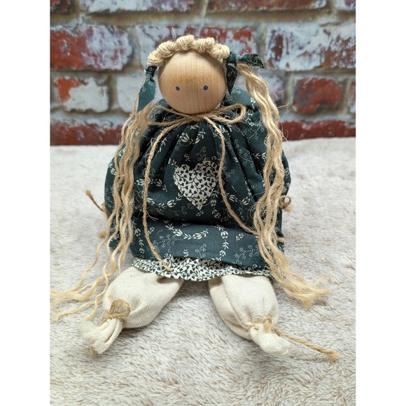 Handmade Other - Handmade Primitive Bead Head Doll 80s Wood Block Body Shelf Sitter Green‎ Dress